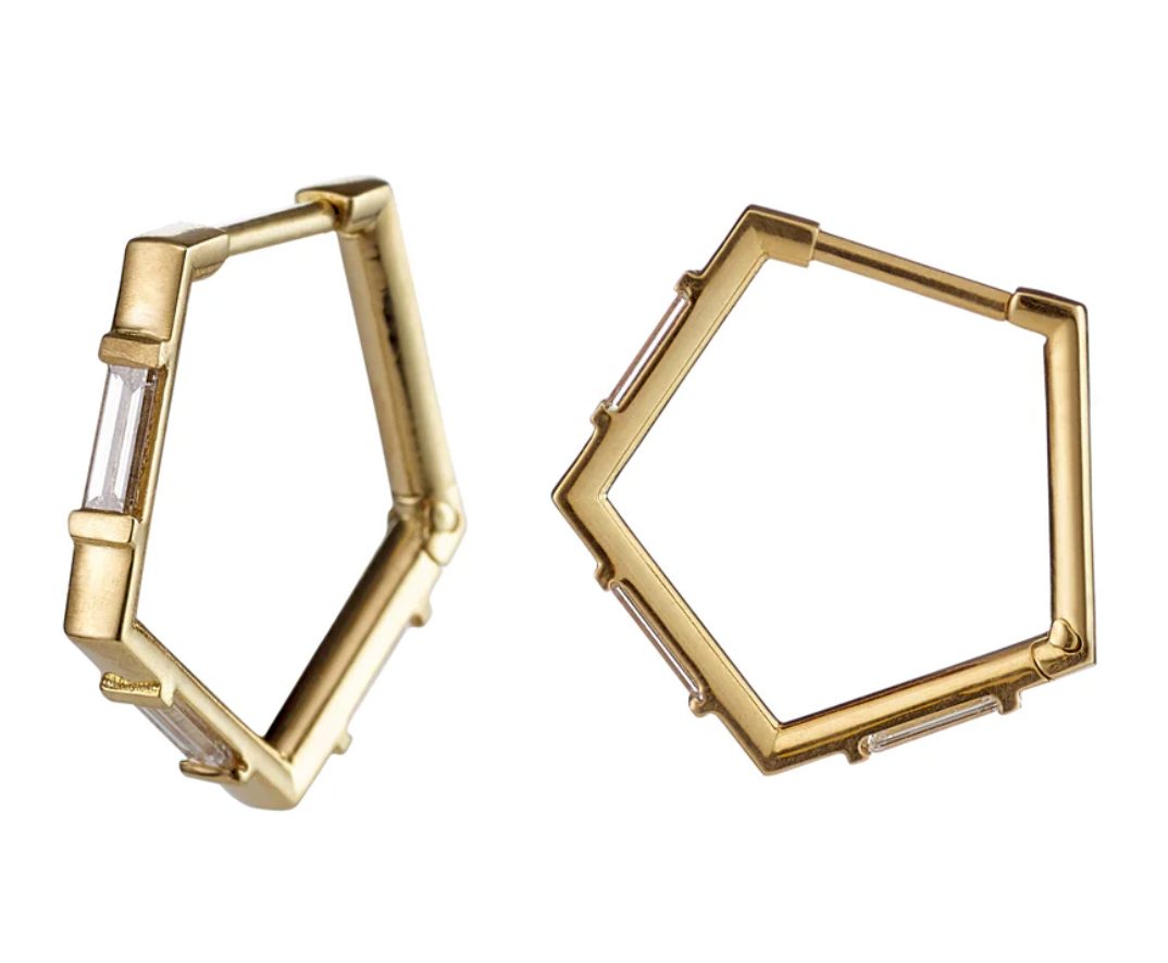 Pentagon Shaped Hoop Earrings + Baguette Diamonds
