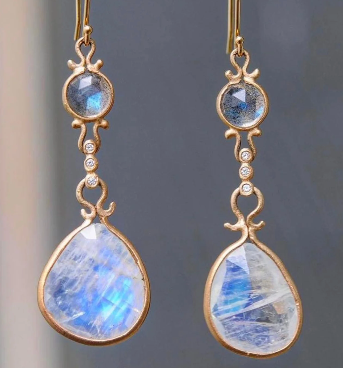 Asymmetrical Labradorite + Moonstone Earrings