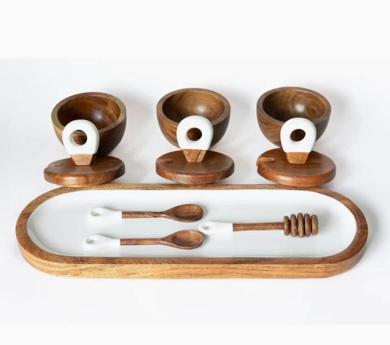 Wood + White Acacia Dipping Bowls, Tray, and Spoons