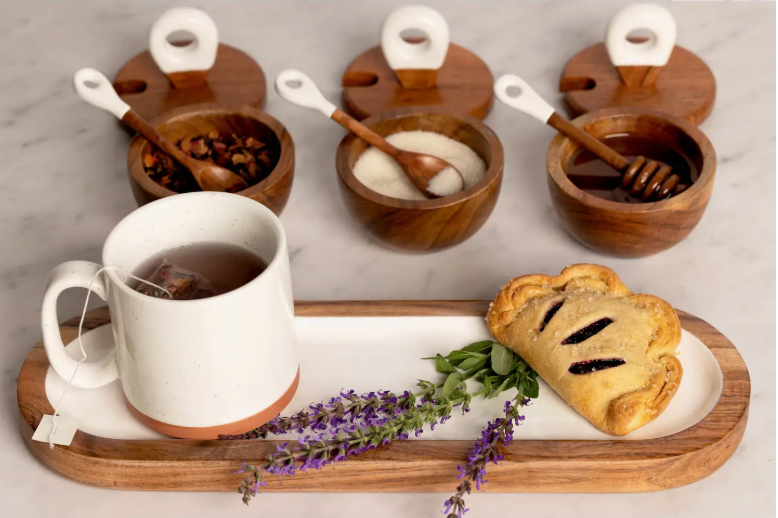 Wood + White Acacia Dipping Bowls, Tray, and Spoons