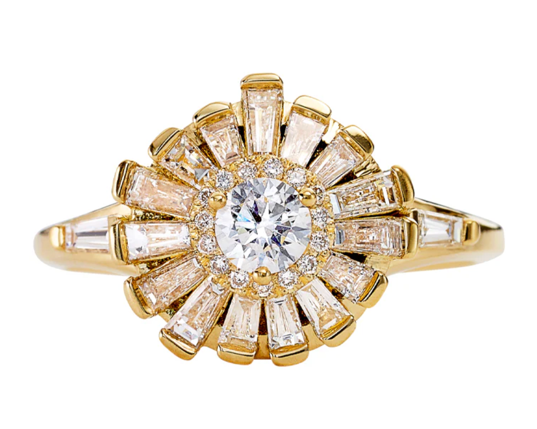 Halo Ring with Baguette Diamond Frills + Asymmetric Halo Engagement Ring
