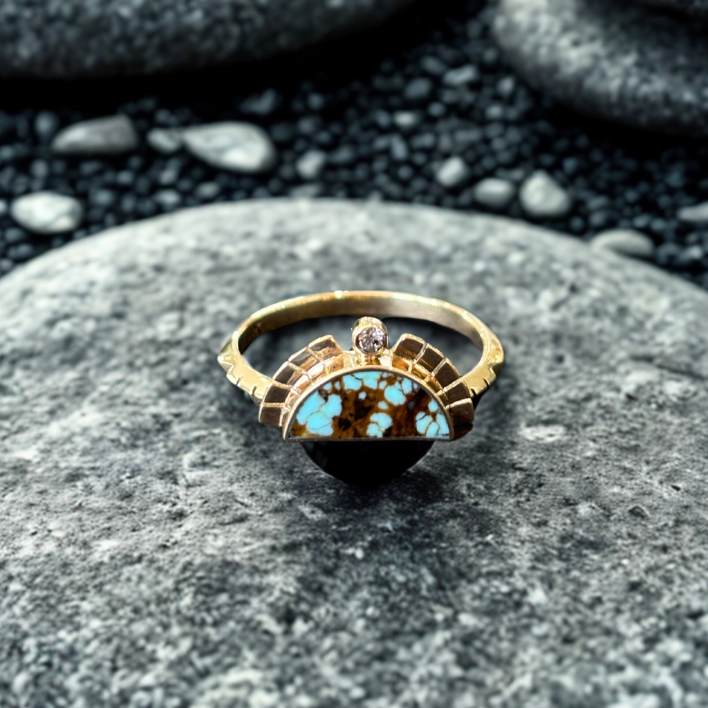 Rising Sol Ring- Green + Brown Turquoise with White Diamond