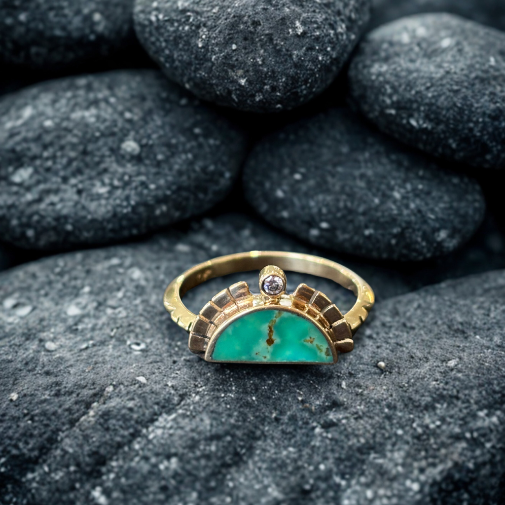 Rising Sol Ring- Green + Brown Turquoise with White Diamond