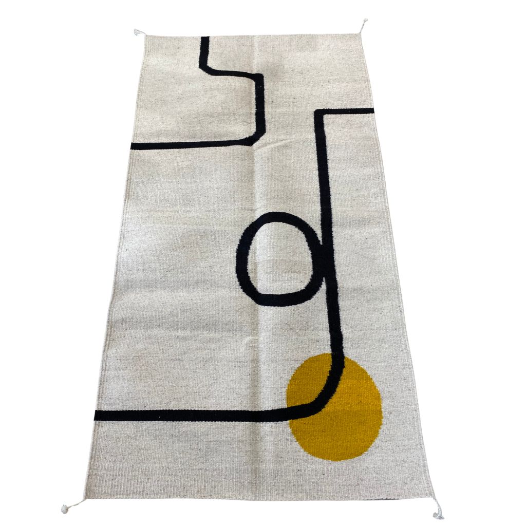 Woven Rug + Black Swirl + Yellow Dot