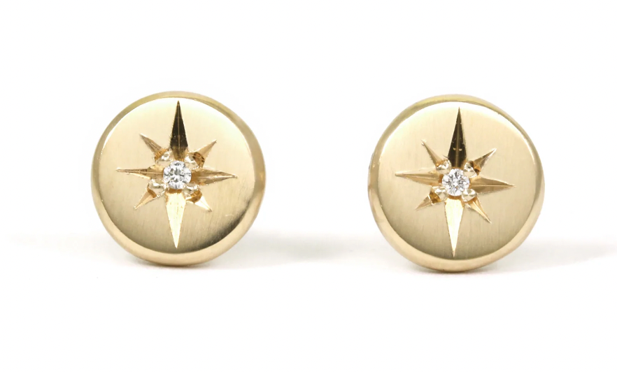 Petite Star Yellow Gold + Engraved Stud Earrings