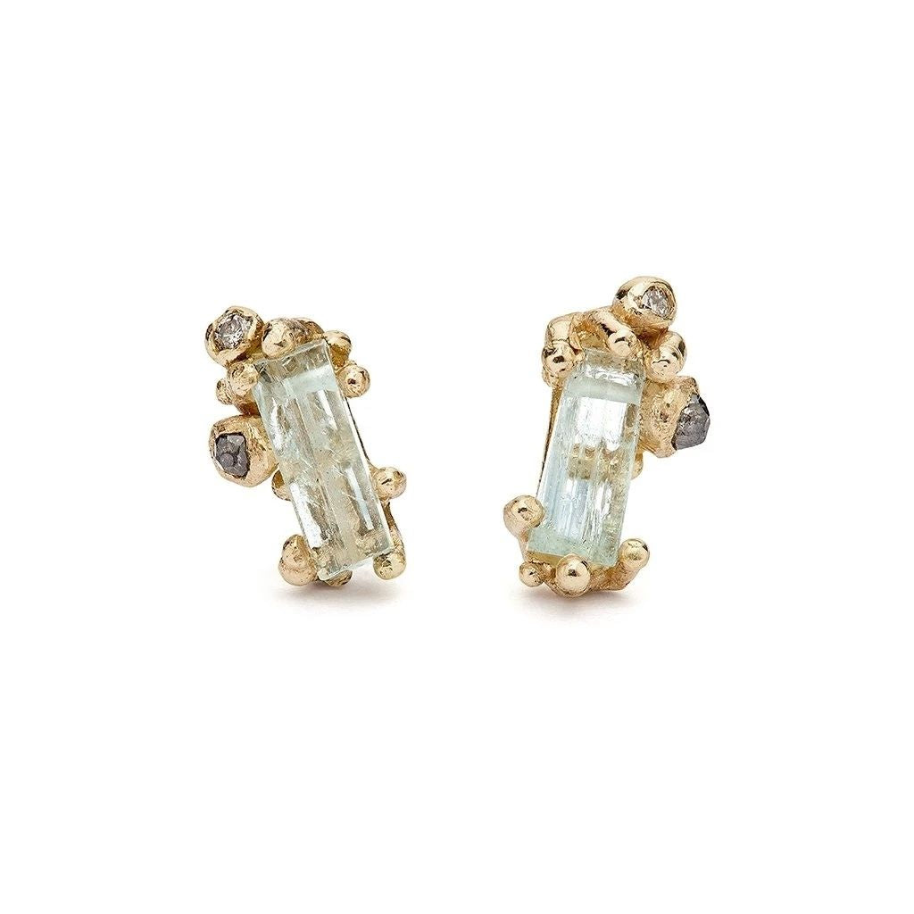 Aquamarine + Grey Diamond Encrusted Studs