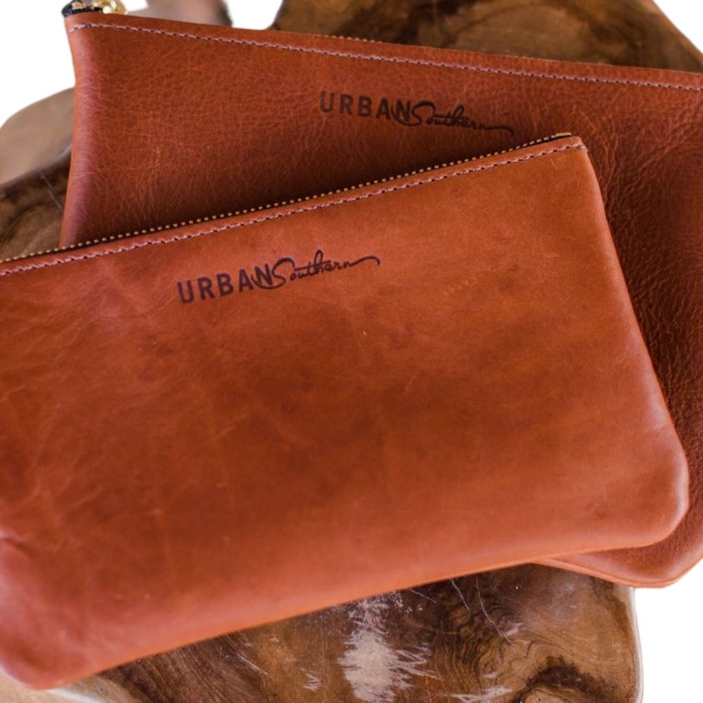 Cognac Zipper Pouch + Leather